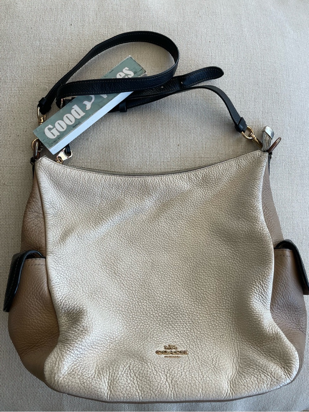 Coach Pennie Pebbled Leather Crossbody Shoulder Bag in Cream and Brown